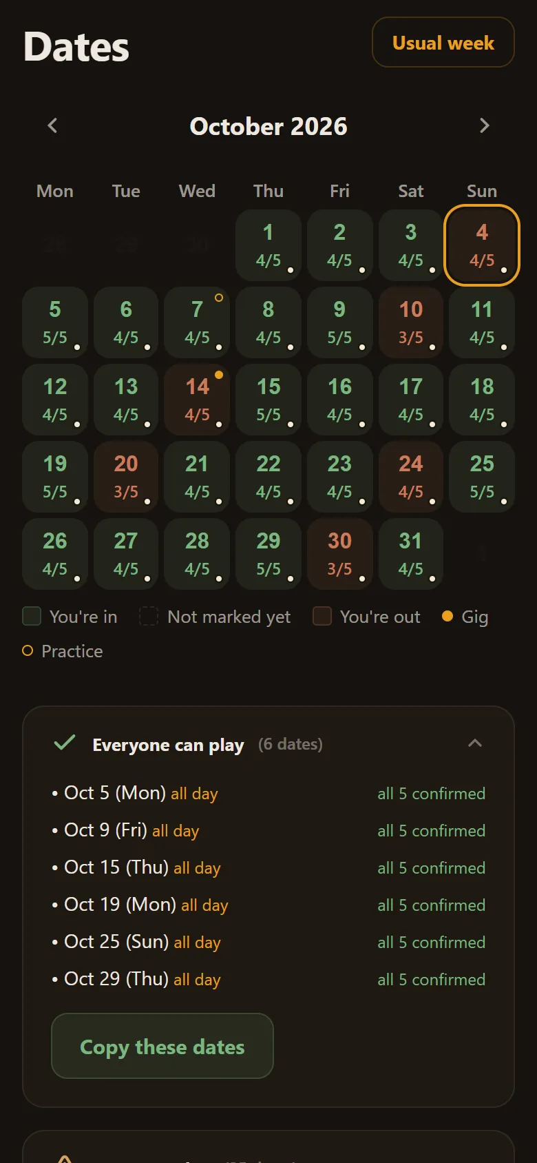 The Dates calendar: how many of the band can play each day, your own answers in colour, and the dates everyone can make