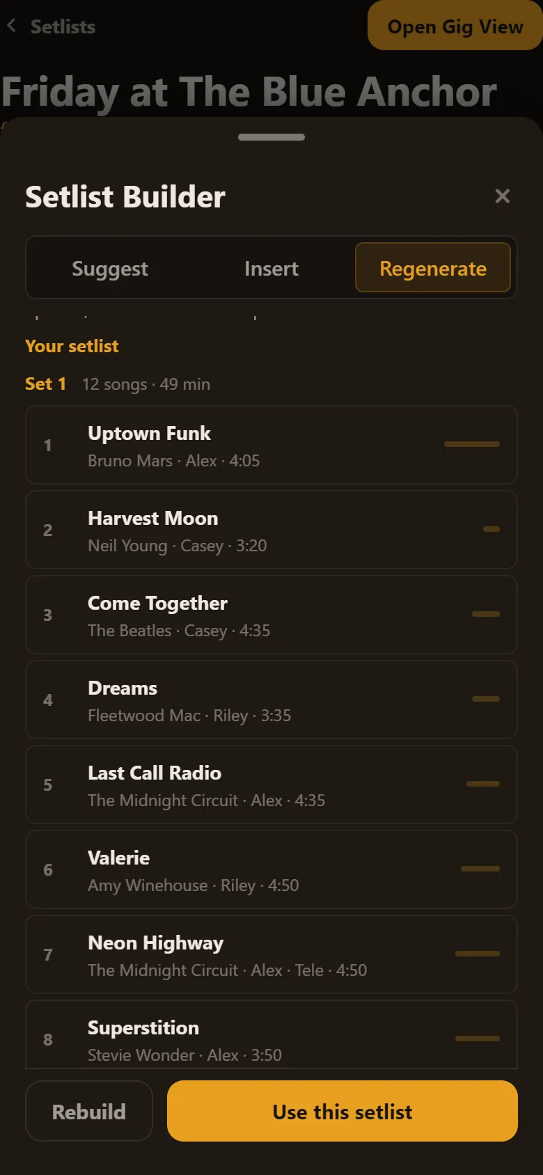Setlist Builder with a drafted first set, ready to use