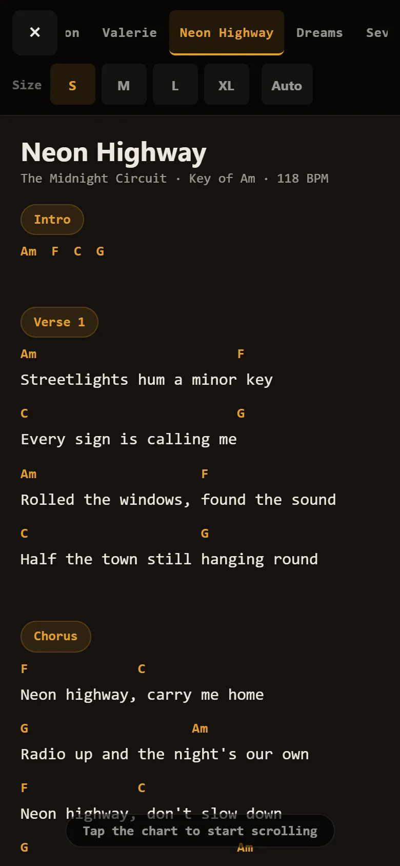 A chord chart full screen in Gig View: Neon Highway with the chords over the words, by section, and a choice of text sizes