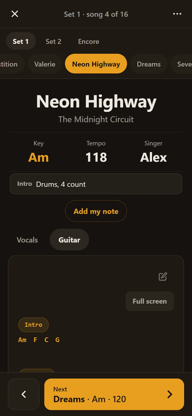 Gig View on a phone: song 4 of 16, Neon Highway in A minor at 118, the intro cue, the guitar chart by section, and a Next button naming the next song