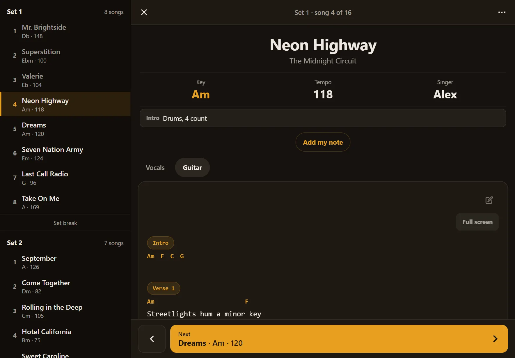 Gig View on an iPad in landscape: tonight's setlist down the left, Neon Highway open with its key, tempo, singer and guitar chart, and a Next button